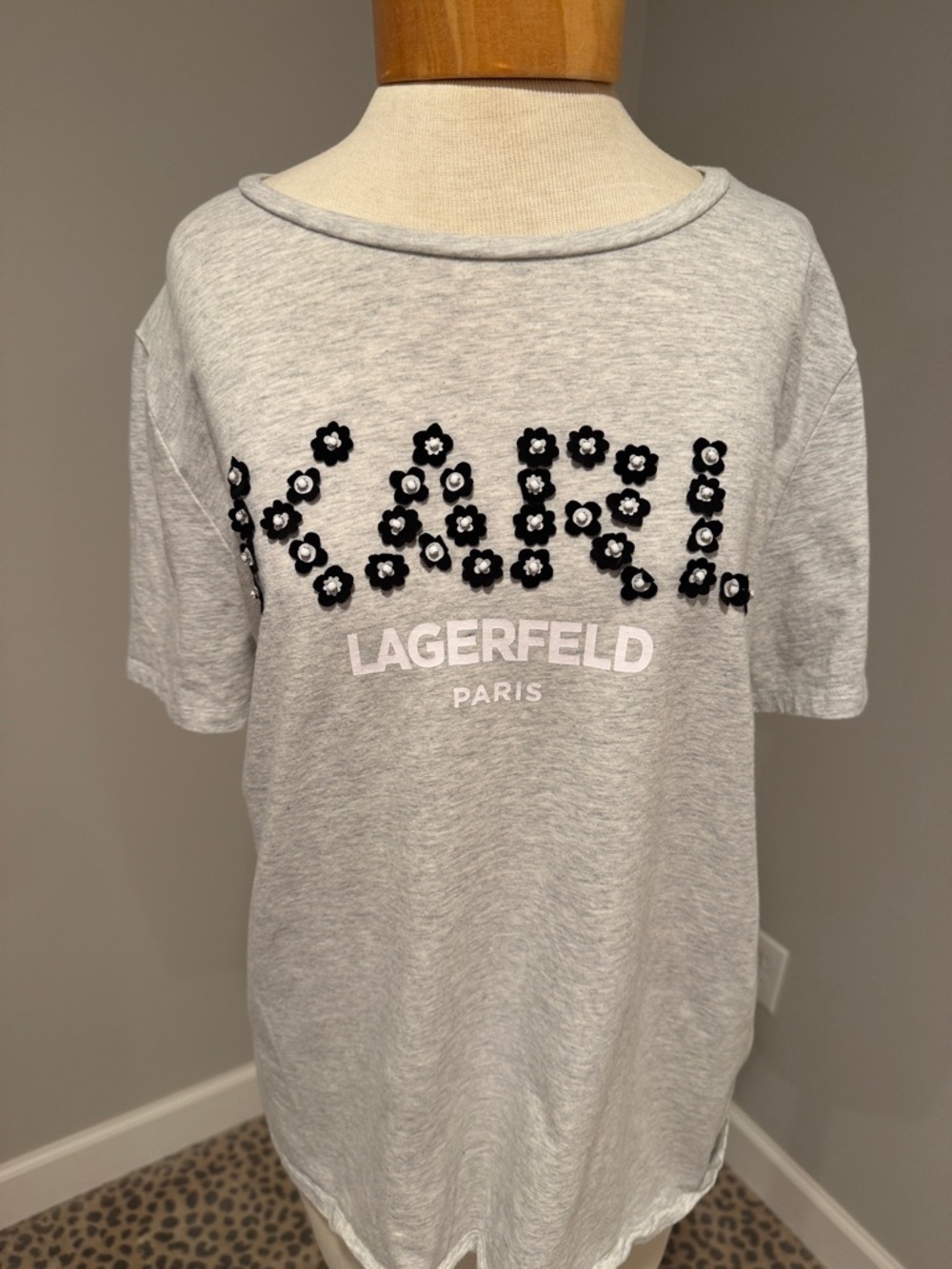Karl Lagerfeld women's Light Gray Tee with Black Floral Logo
